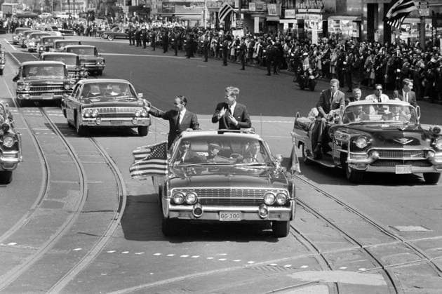 March 13, 2111, Washington, DC, USA: U.S. President John F. Kennedy with King Hassan II of Morocco standing in car, during Welcoming Parade, Washington, D.C., USA, Marion S. Trikosko, U.S. News & World Report Magazine Photograph Collection, March 27, 1963 Washington USA - ZUMAg145 21110313_zap_g145_001 Copyright: xJTxVintagex