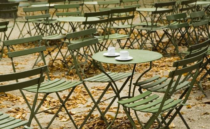 Empty parisian cafe with two coffee cups , 15098.jpg, autumn, fall, two, white, park, paris, loneliness, atmosphere, lawn, couple, garden, travel, vacations, france, breakfast, morning, brown, wood, elegance, day, scene, restaurant, yellow, leaf, coffee, empty, cup, chairs, table, green, outdoors, cafe,