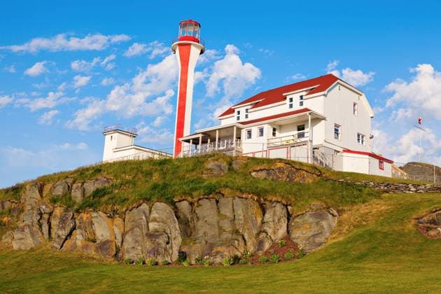 Cape Forchu Lighthouse - Yarmouth, Nova Scotia, Canada , 16521634.jpg, Cape Forchu Lighthouse, Yarmouth, Nova Scotia, Canada, Lighthouse, travel, building, architecture, sky, Atlantic Ocean, grass, morning, sky, blue, red, white,