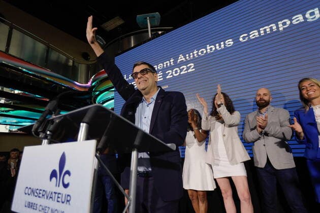 August 21, 2022, Quebec City, PQ, Canada: Conservative Party of Quebec Leader Eric Duhaime gestures as he speaks during a political rally in Quebec City on Sunday August 21, 2022. Quebec City Canada  - ZUMAc35_ 20220821_zaf_c35_008 Copyright: xFrancisxVachonx