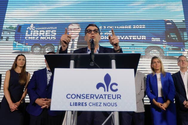August 21, 2022, Quebec City, PQ, Canada: Conservative Party of Quebec Leader Eric Duhaime gestures as he speaks during a political rally in Quebec City on Sunday August 21, 2022. Quebec City Canada  - ZUMAc35_ 20220821_zaf_c35_009 Copyright: xFrancisxVachonx