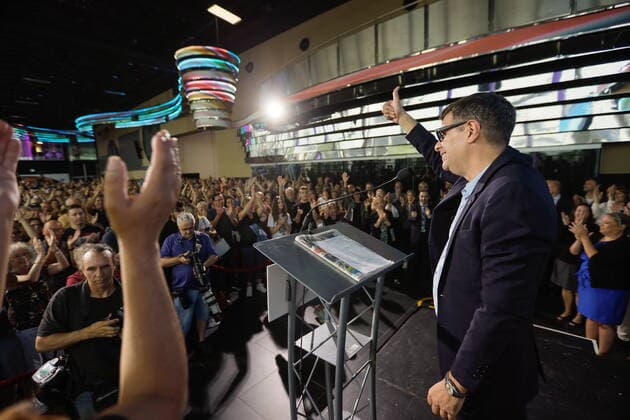 August 21, 2022, Quebec City, PQ, Canada: Conservative Party of Quebec Leader Eric Duhaime gestures as he speaks during a political rally in Quebec City on Sunday August 21, 2022. Quebec City Canada  - ZUMAc35_ 20220821_zaf_c35_010 Copyright: xFrancisxVachonx