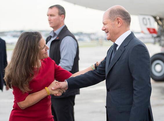 August 21, 2022, Montreal, PQ, Canada: German Chancellor Olaf Scholz is greeted by Deputy Prime Minister Chrystia Freeland as he arrives for a three day visit of Canada in Montreal, Sunday, August 21, 2022. Montreal Canada  - ZUMAc35_ 20220821_zaf_c35_036 Copyright: xGrahamxHughesx
