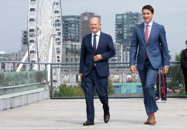 August 22, 2022, Montreal, PQ, Canada: Prime Minister Justin Trudeau and German Chancellor Olaf Scholz arrive for a news conference in Montreal on Monday, August 22, 2022. Montreal Canada  - ZUMAc35_ 20220822_zaf_c35_019 Copyright: xPaulxChiassonx