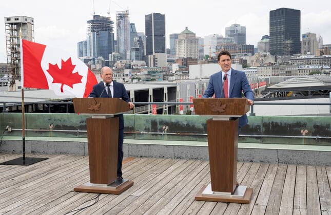 August 22, 2022, Montreal, PQ, Canada: Prime Minister Justin Trudeau responds to a question next to German Chancellor Olaf Scholz during a news conference in Montreal on Monday, August 22, 2022. Montreal Canada  - ZUMAc35_ 20220822_zaf_c35_025 Copyright: xPaulxChiassonx