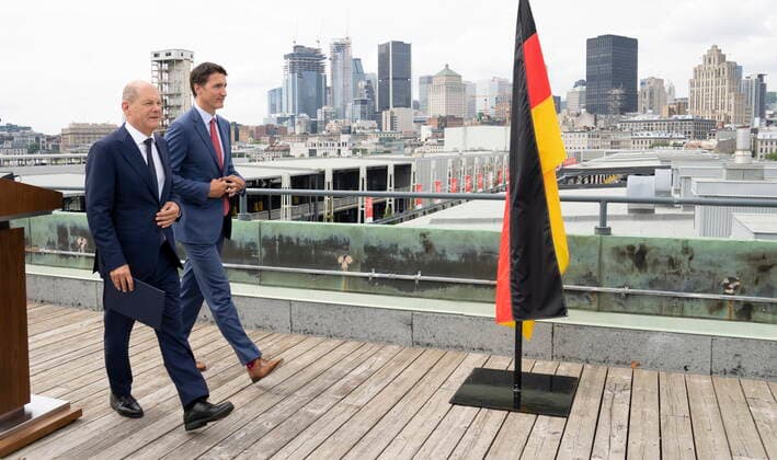 August 22, 2022, Montreal, PQ, Canada: Prime Minister Justin Trudeau and German Chancellor Olaf Scholz walk away from a news conference in Montreal on Monday, August 22, 2022. Montreal Canada  - ZUMAc35_ 20220822_zaf_c35_026 Copyright: xPaulxChiassonx