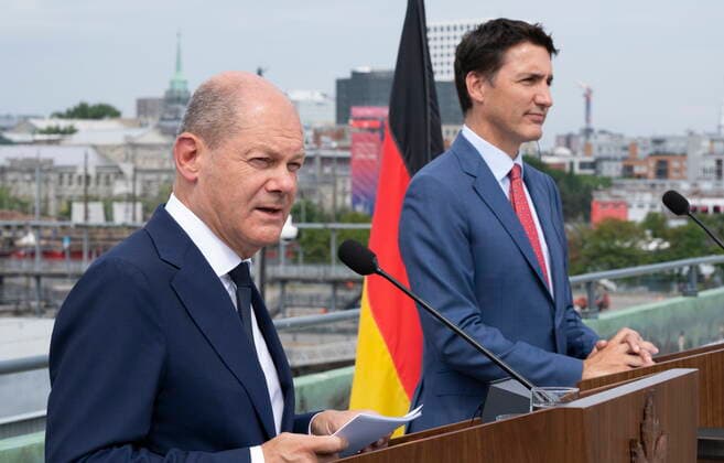 August 22, 2022, Montreal, PQ, Canada: German Chancellor Olaf Scholz responds to a question during a joint news conference with Prime Minister Justin Trudeau in Montreal on Monday, August 22, 2022. Montreal Canada  - ZUMAc35_ 20220822_zaf_c35_032 Copyright: xPaulxChiassonx