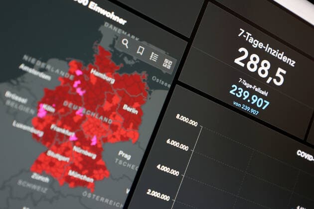 RKI dashboard, 7 day incidence is now 288.5 7 day incidence, RKI dashboard on a monitor on 23 08 2022 in Siegen Germany.