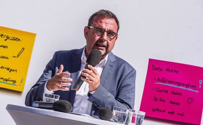 August 23, 2022, Munich, Bavaria, Germany: KLAUS HOLETSCHEK, Health Minister of Bavaria. Under the motto of Na Sicher , the Bavarian Health Minister Klaus Holetschek kicked off the new Coronavirus Covid-19 communication campaign. Through this campaign, the Ministry is providing information for the coming Fall and Winter and regarding Coronavirus booster vaccinations. Appearing alongside Minister Holetschek were Beatrix Zurek of the Munich city Health Department, as well as famed Virologist Professor Ulrike Protzer of TU Muenchen University. Munich Germany - ZUMAb160 20220823_zbp_b160_013 Copyright: xSachellexBabbarx