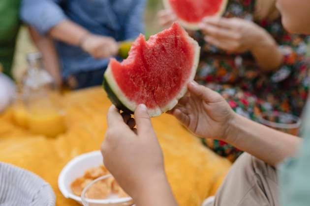 Boy holding watermelon sitting at park model released, Symbolfoto, JCCMF06838