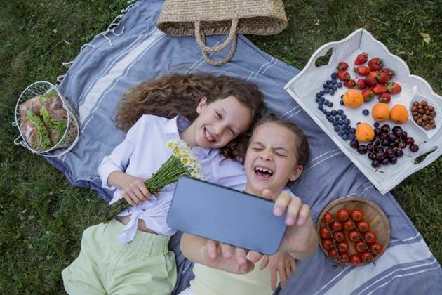 Cheerful girl taking selfie with sister through smart phone in park model released, Symbolfoto, OSF00513