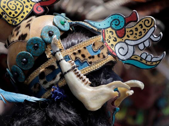 August 23, 2022, Mexico City, DF, Mexico: Pre-Hispanic dancers disguised as Aztec warrior take part during a ritual the Main Temple ruins to make people aware of the importance of the rehabilitation of Lake Tlahuac-Xico, which consists of the sanitation and purification of water, environmental restoration through the establishment of irrigation systems on Tuesday. Mexico City Mexico - ZUMAe321 20220823_smp_e321_018 Copyright: xGerardoxVieyrax