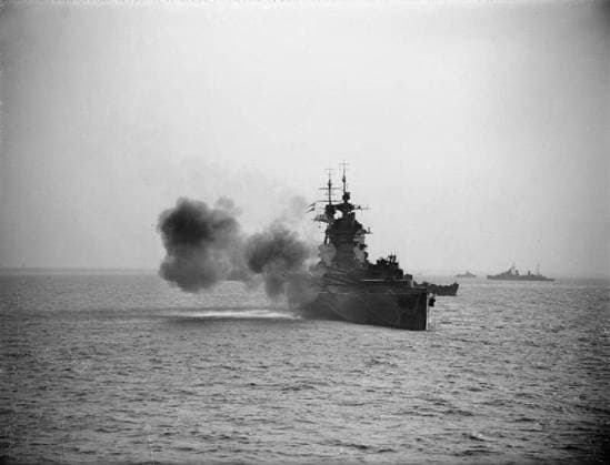 The Royal Navy during the Second World War- Operation Overlord (the Normandy Landings), June 1944 HMS RODNEY bombarding gun positions in the Caen area as seen from the cruiser HMS FROBISHER. In support of the Normandy landings British Naval guns have been constantly bombarding enemy positions, often many miles inland. Copyright: xpiemagsx admiralww2pie10322-7 !ACHTUNG AUFNAHMEDATUM GESCHÄTZT!