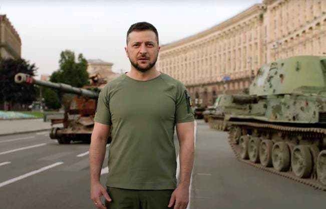 August 24, 2022, KIev, Ukraine: Ukrainian President VOLODYMYR ZELENSKYY delivers his speech on Independence Day of Ukraine, in Kiev, in this image provided by Ukraine presidency office. KIev Ukraine  - ZUMAz03_ 20220824_int_z03_030 Copyright: xUkrainexPresidencyx