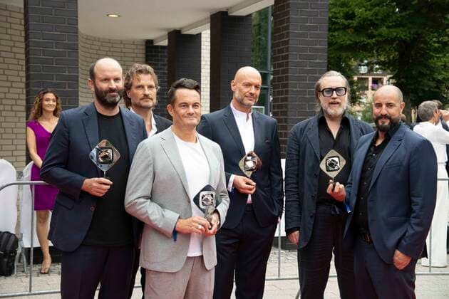 Stefan Holtz, Jan Ruschke, Florian Iwersen, Nils Landmark, Nicholas Ofczarek and Christopher Schier, award winner fiction, red carpet, red carpet show, arrival, 58 Adolf Grimme Award ceremony Adolf Grimme Award Grimme Award in Marl, 26 08 2022 a