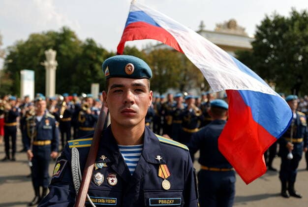 MOSCOW, RUSSIA - AUGUST 27, 2022: Participants in the Spasskaya Tower 2022 International Military Music Festival parade the VDNKh Exhibition Centre. Sergei Bobylev TASS  TS13F8F0