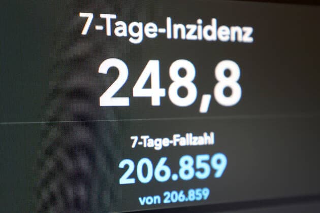 RKI dashboard, 7 day incidence is now 248.8 7 day incidence, RKI dashboard on a monitor on 28 08 2022 in Siegen Germany.
