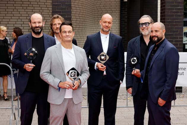 Author Stefan Holtz, Jan Ruschke montage , author Florian Iwersen, Nils Landmark montage , actor Nicholas Ofczarek and director Christopher Schier at the 58 award ceremony of the Grimme Award 2022 at the Theater der Stadt Marl Marl, 26 08 2022 NRW Germany Copyright: xChristophxHardtx