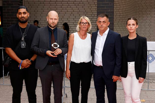 Filmmaker Marcin Wierzchowski 2 v l with company at the 58 award ceremony of the Grimme Award 2022 in the theater of the city Marl Marl, 26 08 2022 NRW Germany Copyright: xChristophxHardtx