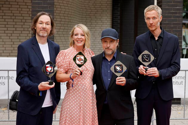 Author Sven Stricker, actress Katrin Wichmann, actor Bjarne Mädel and director Kristian Leschner at the 58 Grimme Award 2022 ceremony at the Theater der Stadt Marl Marl, 26 08 2022 NRW Germany Copyright: xChristophxHardtx