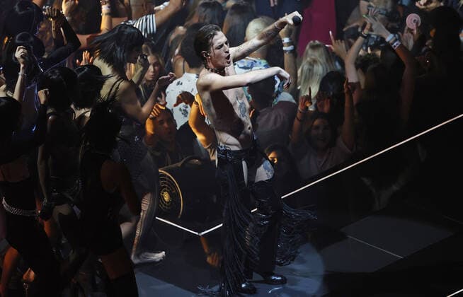 Damiano David of Maneskin performs at the 2022 MTV Video Music Awards VMA s at the Prudential Center in Newark, New Jersey on Sunday, August 28, 2022.  NYP2022082830122 JOHNxANGELILLO