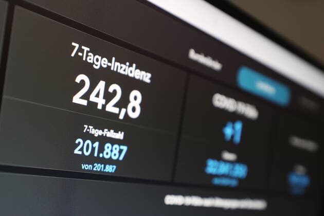 Dashboard of RKI, 7 day incidence is now 242.8 7 day incidence, dashboard of RKI on a monitor on 29 08 2022 in Siegen Germany.