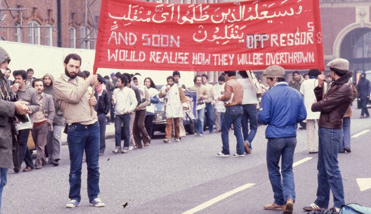 April 30, 1980, London, United Kingdom: Iranian supporters carrying a large protest banner march in London during the six-day siege of the Iranian Embassy. From 30 April to 5 May 1980, a group of six armed Iranian dissidents, opposed to Ayatollah Khomeini, the religious leader who came to power in 1979, took over the Iranian embassy on Prince s Gate in South Kensington, London. The Iranian group took 21 hostages two of whom were killed. Near to the scene of the siege, supporters of Khomeini made their views known with a protest. The dramatic six-day siege ended when elite British SAS troops stormed the building to rescue the remaining 19 hostages. Five of the gunmen were killed. London United Kingdom - ZUMAk09_ 19710627_jtc_k09_902 Copyright: xKeystonexPressxAgencyx