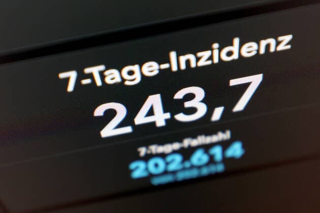 RKI dashboard, 7 day incidence is now 243.7 7 day incidence, RKI dashboard on a monitor on 31 08 2022 in Siegen Germany.