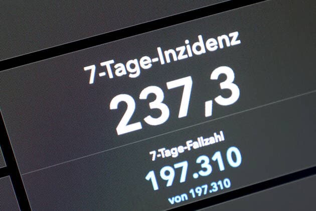 Dashboard of RKI, 7 day incidence is now 237.3 7 day incidence, dashboard of RKI on a monitor on 01 09 2022 in Siegen Germany.