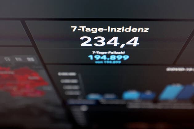 RKI dashboard, 7 day incidence is now 234.4 7 day incidence, RKI dashboard on a monitor on 02 09 2022 in Siegen Germany.