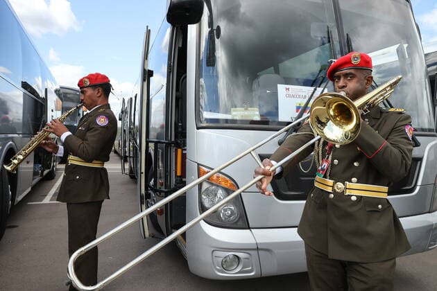 MOSCOW REGION, RUSSIA - SEPTEMBER 3, 2022: Participants prepare for a performance as part of the 15th Spasskaya Tower International Military Music festival by the Main Cathedral of the Russian Armed Forces in Kubinka. Mikhail Tereshchenko TASS  TS1405AF