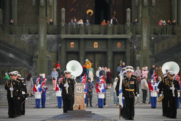 MOSCOW REGION, RUSSIA - SEPTEMBER 3, 2022: Members of the Central Navy Band of Russia take part in a performance as part of the 15th Spasskaya Tower International Military Music Festival by the Main Cathedral of the Russian Armed Forces in Kubinka. Mikhail Tereshchenko TASS  TS1405C7