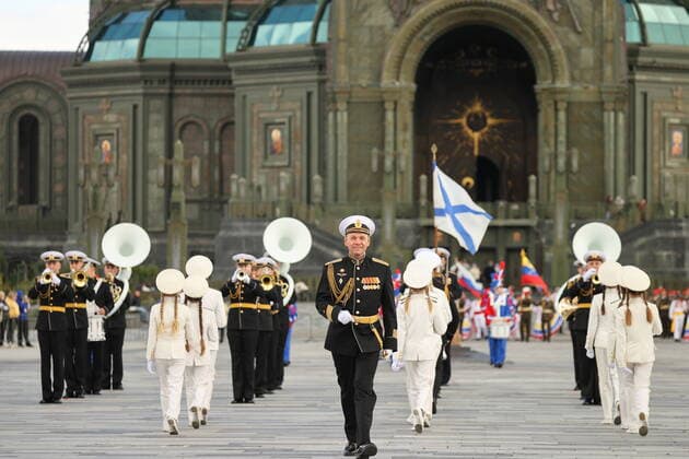 MOSCOW REGION, RUSSIA - SEPTEMBER 3, 2022: Members of the Central Navy Band of Russia take part in a performance as part of the 15th Spasskaya Tower International Military Music Festival by the Main Cathedral of the Russian Armed Forces in Kubinka. Mikhail Tereshchenko TASS  TS1405D4