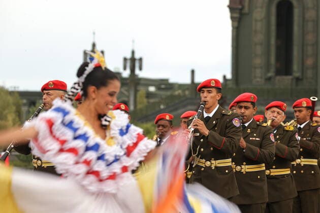 MOSCOW REGION, RUSSIA - SEPTEMBER 3, 2022: Members of the Great Military Band of the Venezuelan Armed Forces take part in a performance as part of the 15th Spasskaya Tower International Military Music Festival by the Main Cathedral of the Russian Armed Forces in Kubinka. Mikhail Tereshchenko TASS  TS1405DA