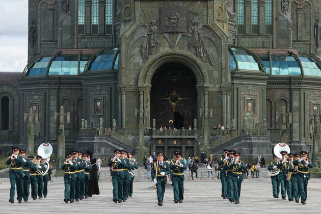 MOSCOW REGION, RUSSIA - SEPTEMBER 3, 2022: Members of the Military Band of the Krasnodar Territory Branch of the Russian National Guard take part in a performance as part of the 15th Spasskaya Tower International Military Music Festival by the Main Cathedral of the Russian Armed Forces in Kubinka. Mikhail Tereshchenko TASS  TS1405DD