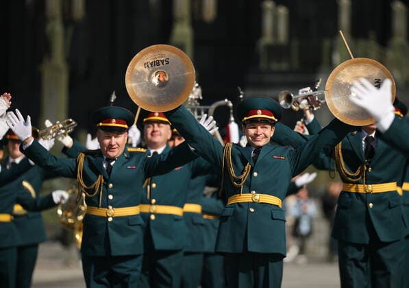 MOSCOW REGION, RUSSIA - SEPTEMBER 3, 2022: Members of the Military Band of the Krasnodar Territory Branch of the Russian National Guard take part in a performance as part of the 15th Spasskaya Tower International Military Music Festival by the Main Cathedral of the Russian Armed Forces in Kubinka. Mikhail Tereshchenko TASS  TS1405FB