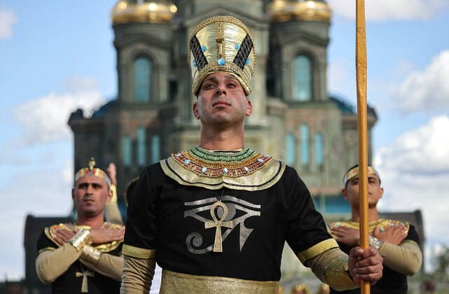 MOSCOW REGION, RUSSIA - SEPTEMBER 3, 2022: Egyptian musicians take part in a performance as part of the 15th Spasskaya Tower International Military Music Festival by the Main Cathedral of the Russian Armed Forces in Kubinka. Mikhail Tereshchenko TASS  TS140602