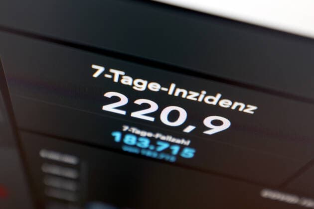 RKI dashboard, 7 day incidence is now 220.9 7 day incidence, RKI dashboard on a monitor on 04 09 2022 in Siegen Germany.
