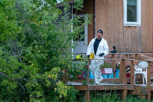 September 4, 2022, Weldon, SK, Canada: A police officer in protective equipment walks in a crime scene in Weldon, Sask., on Sunday, Sept. 4, 2022. Saskatchewan RCMP has confirmed that there are 10 dead while 15 are injured following the stabbings that occurred at James Smith Cree Nation and Weldon in Saskatchewan. Weldon Canada  - ZUMAc35_ 20220904_zaf_c35_056 Copyright: xHeywoodxYux