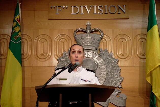 September 5, 2022, Regina, Saskatchewan, Canada: Assistant Commissioner Rhonda Blackmore speaks during a press conference at RCMP F Division Headquarters in Regina on Monday, Sept. 5, 2022. Damien Sanderson and Myles Sanderson allegedly stabbed and killed 10 people between James Smith Cree Nation and Weldon, Sask. on Sunday morning. Today, the RCMP said Damien was located deceased at the First Nation, while his brother Myles is still at large. Regina Canada  - ZUMAc35_ 20220905_zaf_c35_142 Copyright: xMichaelxBellx
