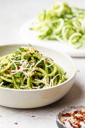 Spiralized zucchini noodles with pesto served in a neutral bowl Spiralized zucchini noodles with pesto served in a neutral bowl Copyright: xAlanaxHaldanx AHA020921-23