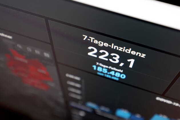 RKI dashboard, 7 day incidence is now 223.1 7 day incidence, RKI dashboard on a monitor on 08 09 2022 in Siegen Germany.