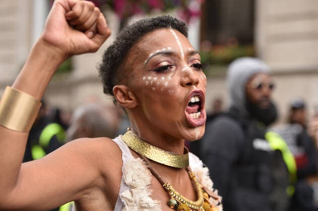 September 10, 2022, London, United Kingdom: Protester shouts slogans during the rally. Thousands of Black Lives Matter protesters demonstrated in central London, rallying for justice for Chris Kaba, a 24 year old black man who was fatally shot by the police in South London. London United Kingdom - ZUMAs197 20220910_zaa_s197_101 Copyright: xThomasxKrychx