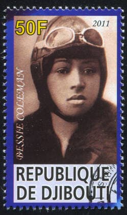 DJIBOUTI - CIRCA 2011: stamp printed by Djibouti, shows Bessie Coleman, circa 2011 , 10538056.jpg, 2011, Bessi, Coleman, Djibouti, Pioneer, Seal, ace, adult, aged, aircraft, airforce, airman, ancient, antique, aviation, aviator, envelope, eye, face, female, flier, flyer, glasses, head, helmet, historic, lady, letter, mail, message, mouth, nose, old, philately, pilot, portrait, postage, postcard, postmark, retro, skyman, spectacles, stamp, uniform, vintage, woman,
