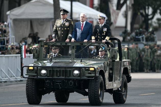 (220917) -- MEXICO CITY, Sept. 17, 2022 -- Mexican President Andres Manuel Lopez Obrador (C) attends the military parade for Mexico s Independence Day at the Zocalo Square in Mexico City, Mexico, on Sept. 16, 2022. Mexico on Friday celebrated the 212nd anniversary of its struggle for independence from Spanish colonial rule with a call for world peace and several commemorative activities. ) MEXICO-MEXICO CITY-INDEPENDENCE DAY-MILITARY PARADE XinxYuewei 