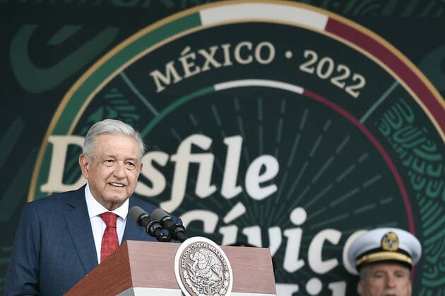 (220917) -- MEXICO CITY, Sept. 17, 2022 -- Mexican President Andres Manuel Lopez Obrador speaks during the military parade for Mexico s Independence Day at the Zocalo Square in Mexico City, Mexico, on Sept. 16, 2022. Mexico on Friday celebrated the 212nd anniversary of its struggle for independence from Spanish colonial rule with a call for world peace and several commemorative activities. ) MEXICO-MEXICO CITY-INDEPENDENCE DAY-MILITARY PARADE XinxYuewei 