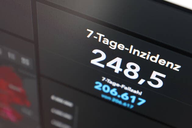 RKI dashboard, 7 day incidence is now 248.5 7 day incidence, RKI dashboard on a monitor on 18 09 2022 in Siegen Germany.