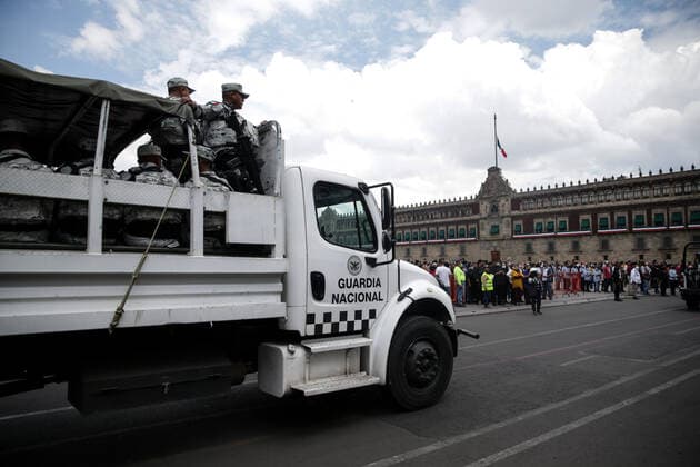 (220919) -- MEXICO CITY, Sept. 19, 2022 -- Members of the Mexican National Guard patrol in the Zocalo Square after an earthquake in Mexico City, Mexico, on Sept. 19, 2022. An earthquake with a magnitude of 7.4 shook Mexico on Monday, according to preliminary data, with further details unavailable at the moment. ) MEXICO-MEXICO CITY-EARTHQUAKE FranciscoxCanedo 