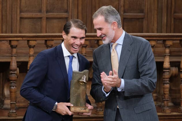 September 20, 2022, Madrid, Spain: Tennis player Rafael Nadal and King Felipe VI of Spain seen during the delivery of the Camino Real Award on its fifth edition, at the auditorium of the University of Alcala, in Alcala de Henares, Madrid. The Camino Real award has been granted by the Franklin Institute of the University of Alcala, which recognizes the professional work of Spaniards who in an outstanding and exemplary way project and enhance the positive image of Spain in the United States. The projection of the image of Spain in North America by the tennis player, means his triumph in the US Open (2019), as well as in previous editions of 2010, 2013, 2017 and in other tournaments played in North America. Madrid Spain - ZUMAs197 20220920_zaa_s197_115 Copyright: xAtilanoxGarciax