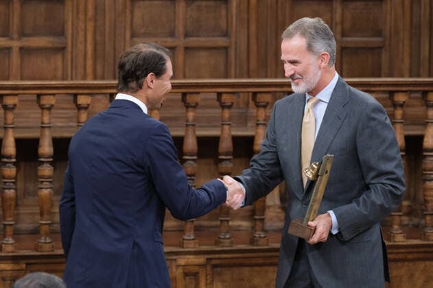 September 20, 2022, Madrid, Spain: Tennis player Rafael Nadal and King Felipe VI of Spain seen during the delivery of the Camino Real Award on its fifth edition, at the auditorium of the University of Alcala, in Alcala de Henares, Madrid. The Camino Real award has been granted by the Franklin Institute of the University of Alcala, which recognizes the professional work of Spaniards who in an outstanding and exemplary way project and enhance the positive image of Spain in the United States. The projection of the image of Spain in North America by the tennis player, means his triumph in the US Open (2019), as well as in previous editions of 2010, 2013, 2017 and in other tournaments played in North America. Madrid Spain - ZUMAs197 20220920_zaa_s197_107 Copyright: xAtilanoxGarciax